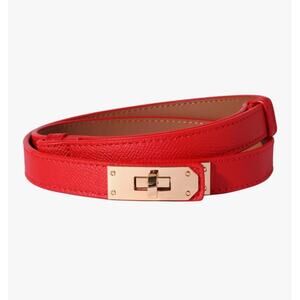 Women's Skinny Red Belt Adjustable Gold Turn-Lock Buckle